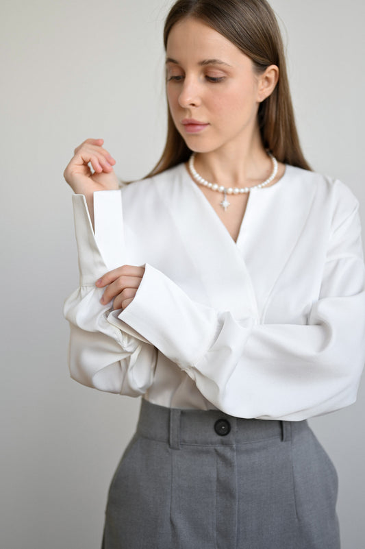 Silky shirt with pintuck and cuffed sleeves