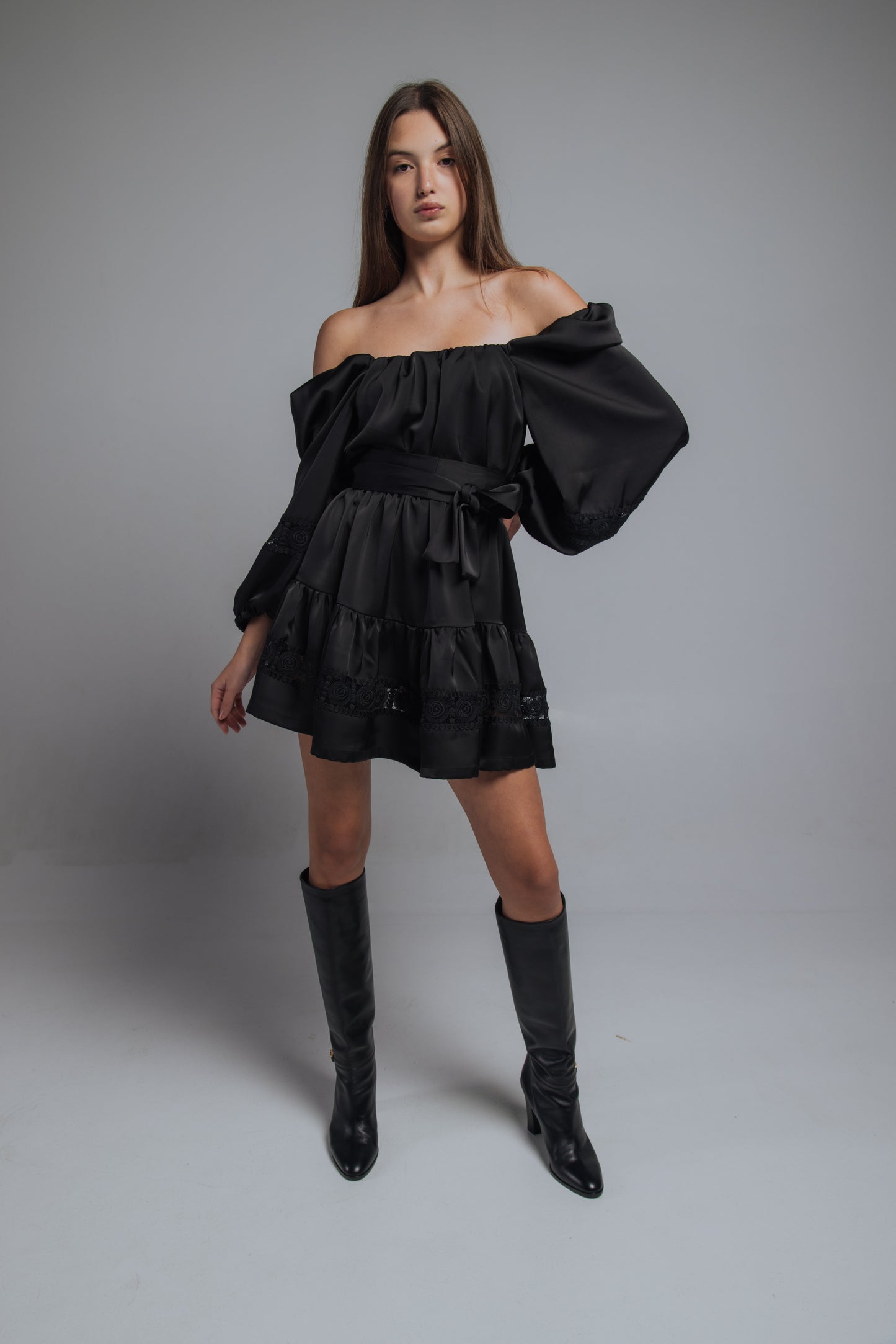 Off-the-shoulder silky mini dress with lace