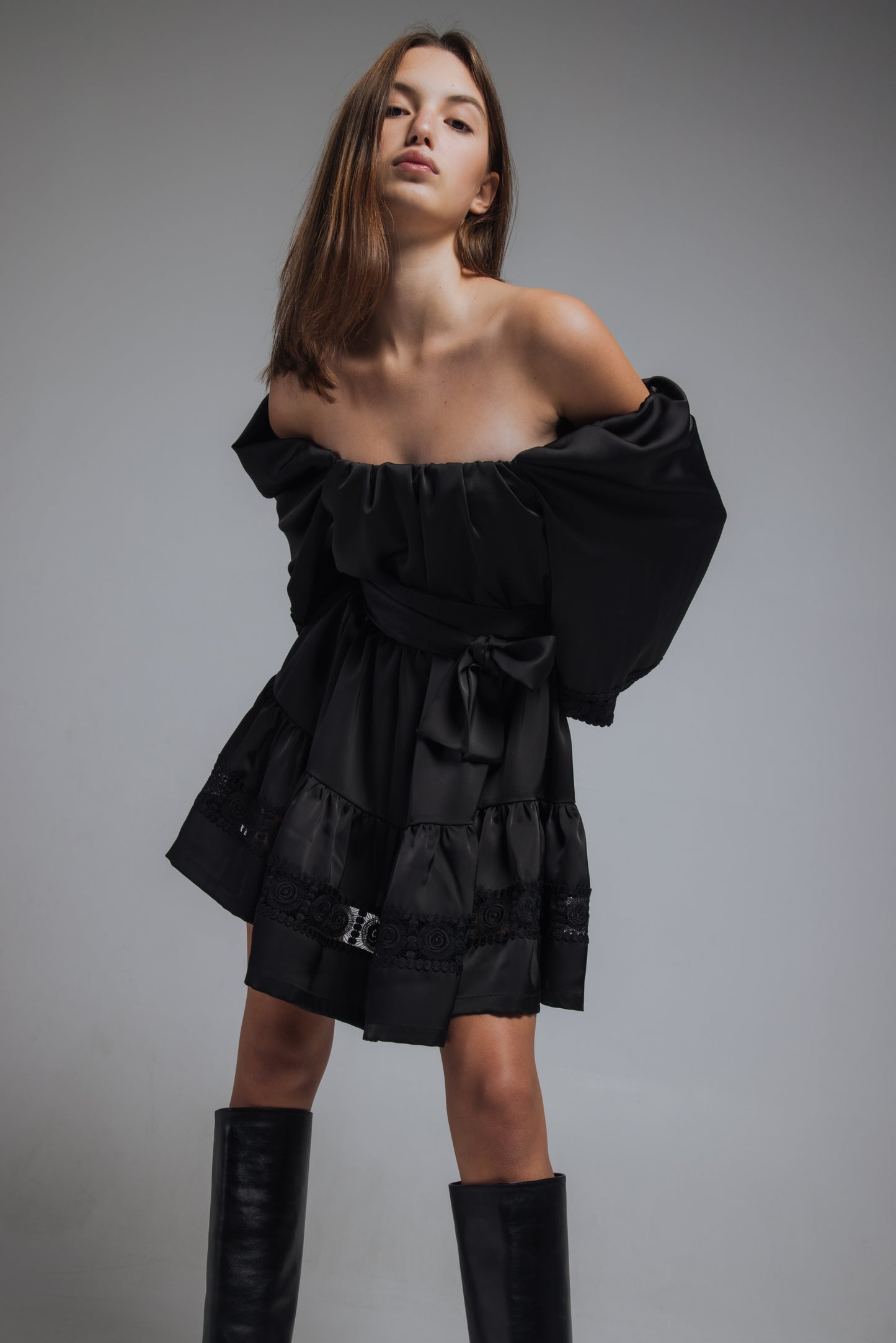 Off-the-shoulder silky mini dress with lace