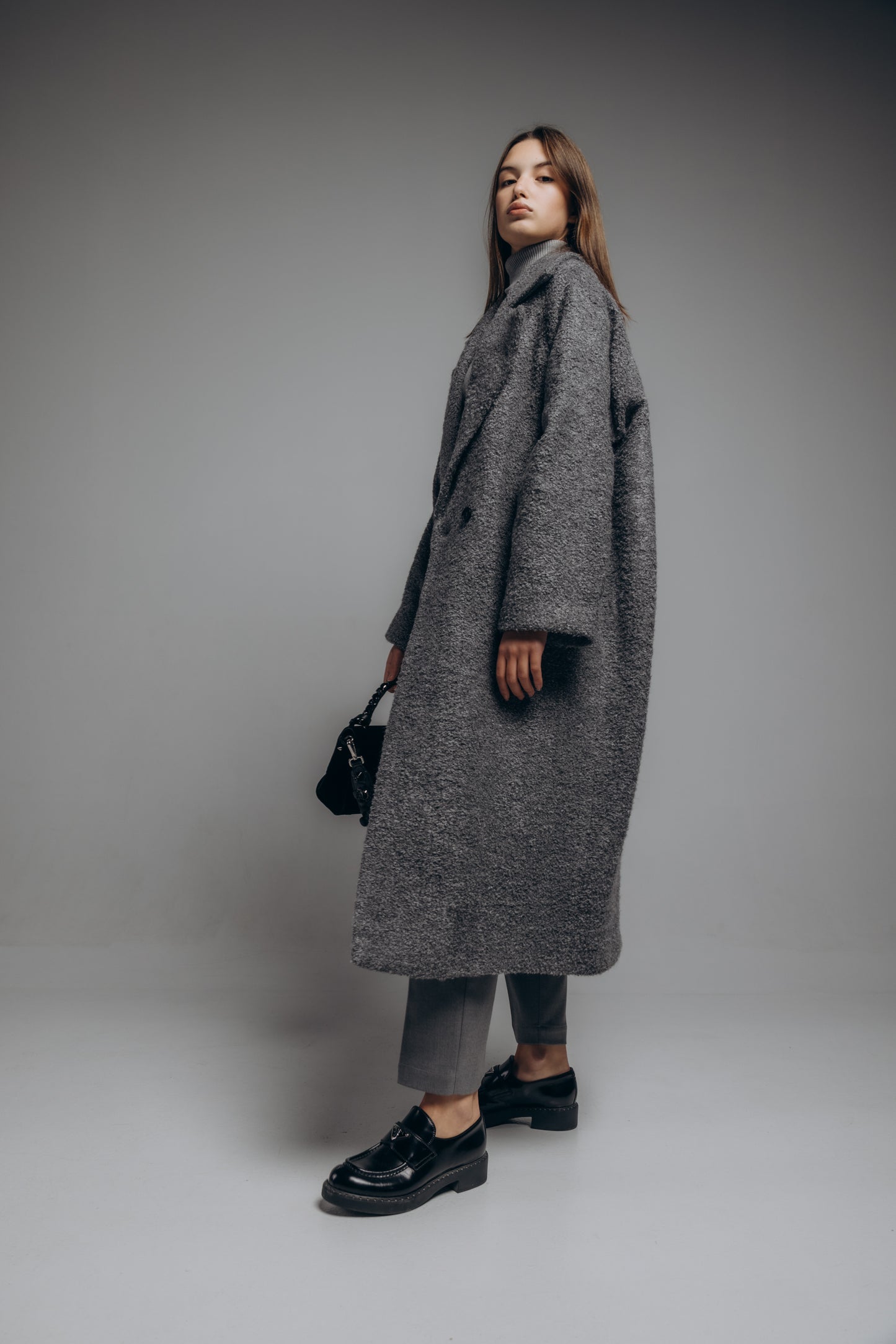 Over-the-knee oversized boucle coat
