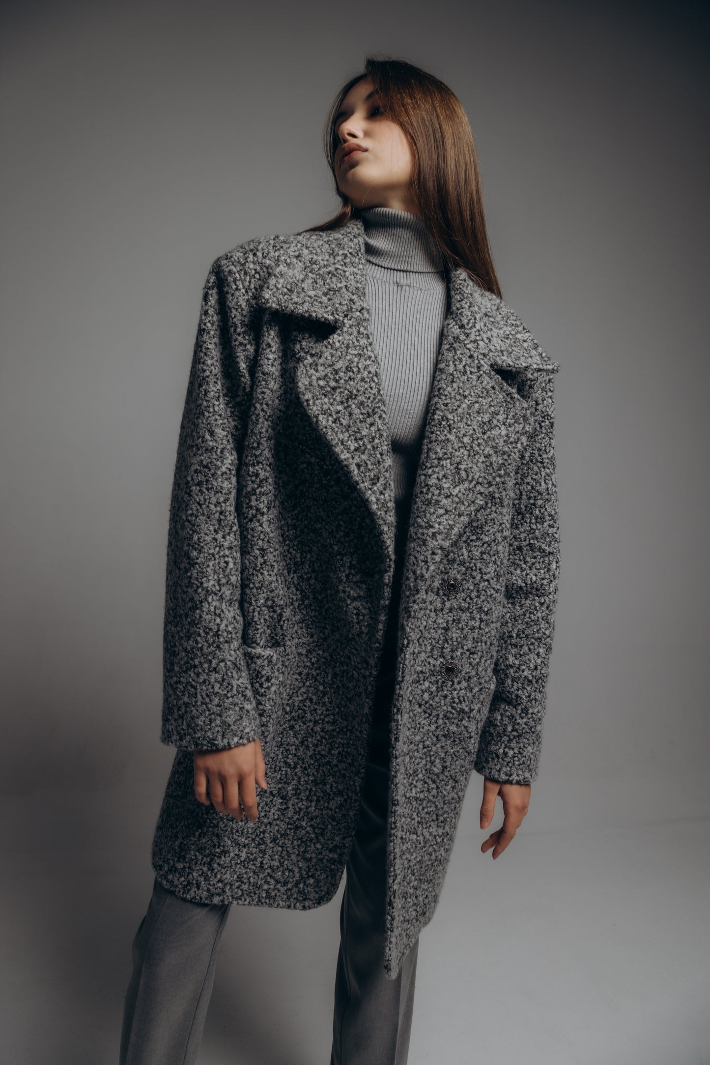 Over-the-knee oversized boucle coat