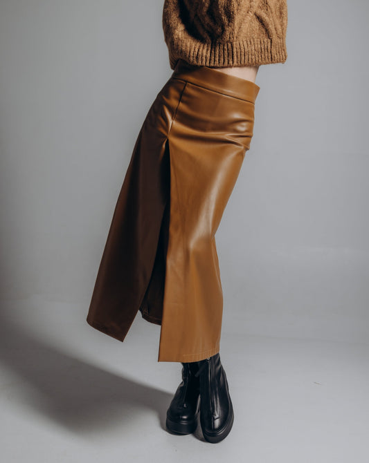 Eco leather midi skirt with slit