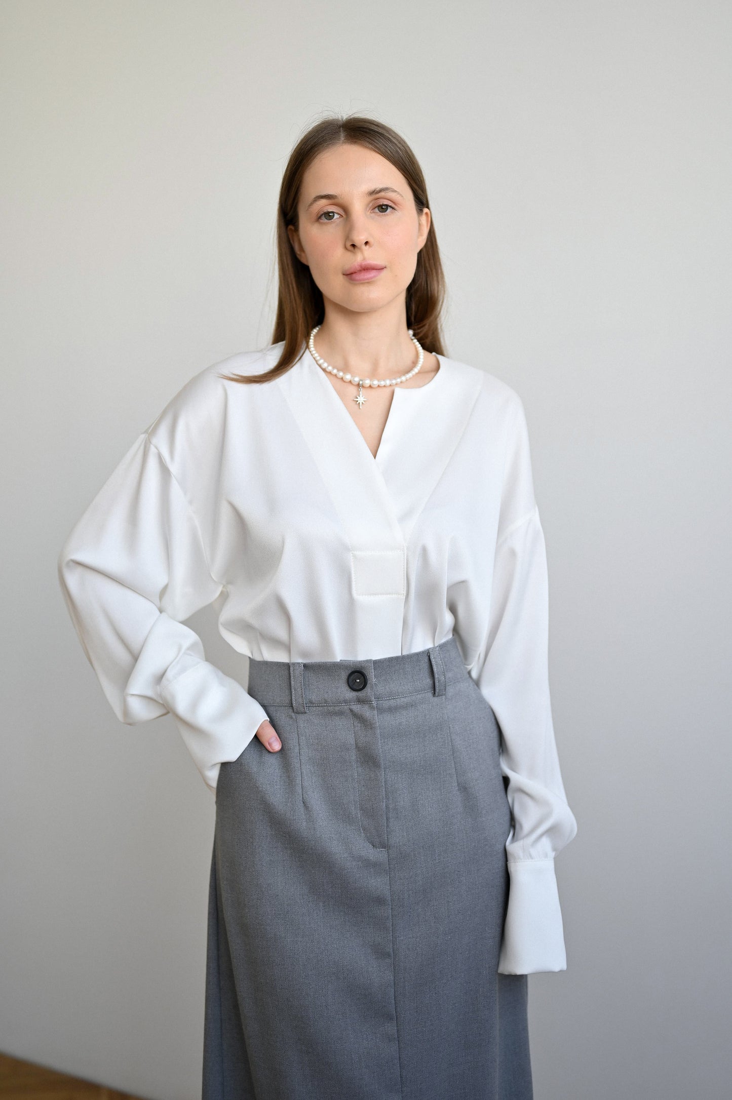 Silky shirt with pintuck and cuffed sleeves